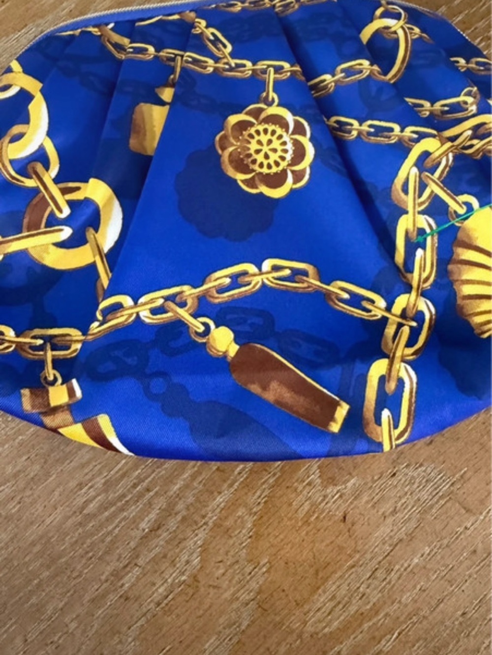 Estee Lauder Blue Satin Cosmetic Pouch with Gold Chain Print